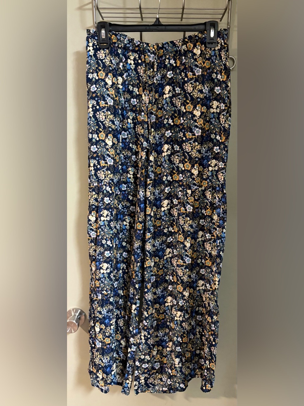 Maurices Navy Floral wide leg pants with Mustard and Cream Accents